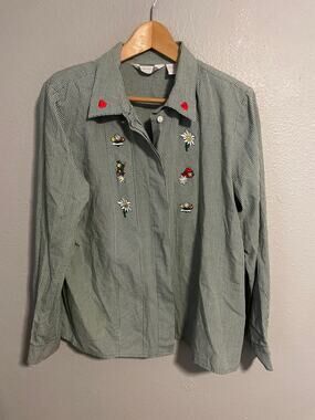 Vintage Stonybrook Top Womens Size 14 Green Gingham Embroidered Cottagecore 90s